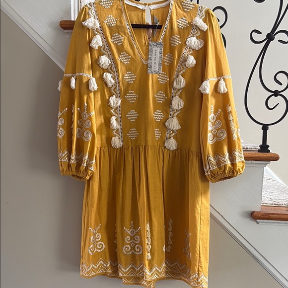 Ranna Gill Dresses & Skirts - Mustard Embroidered Tassel V-Neck Women's Dress